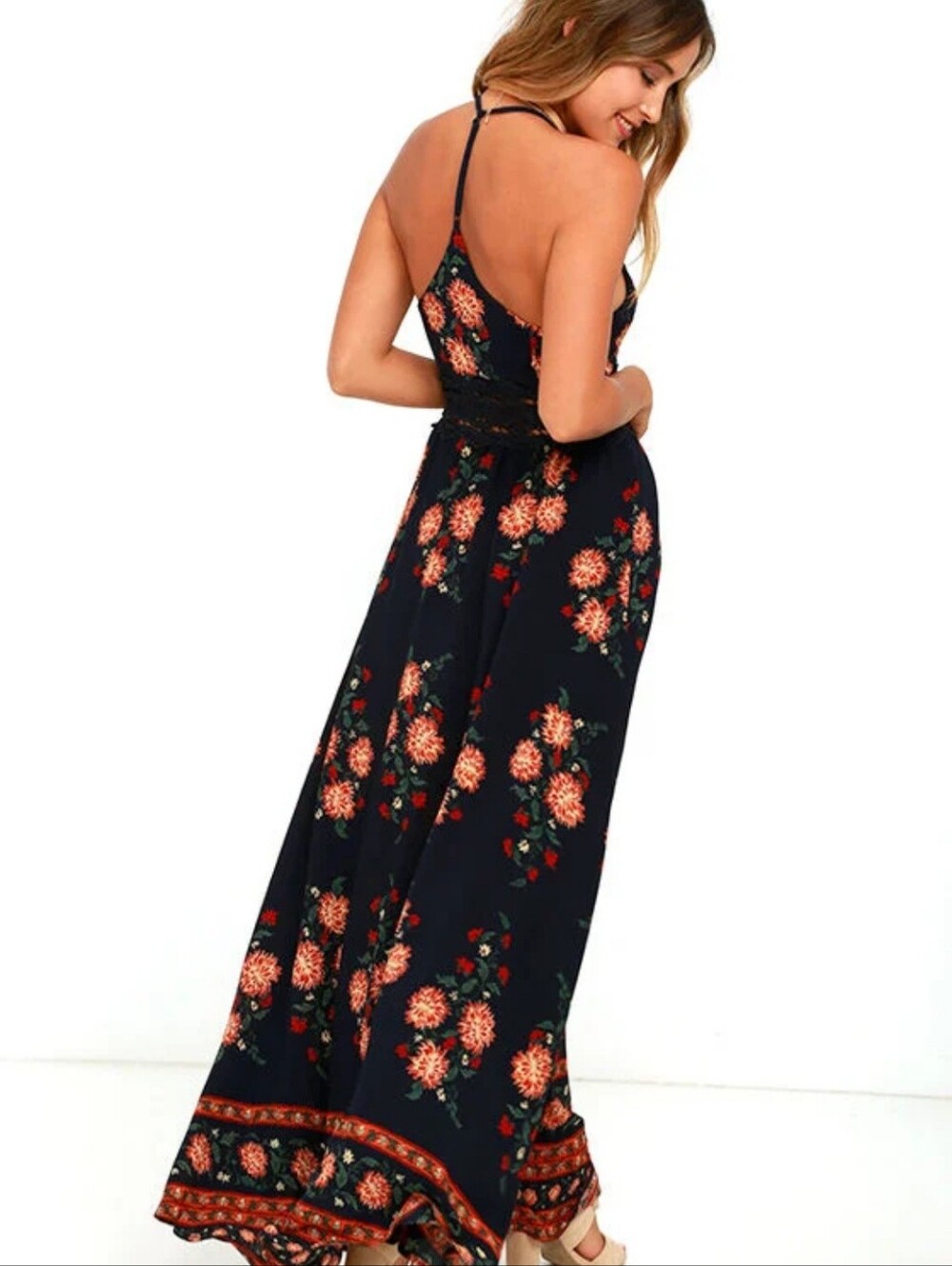 Boho Floral Maxi Dress Navy Blue Orange Floral Lace Waist Cottagecore Size M - Picture 3 of 11